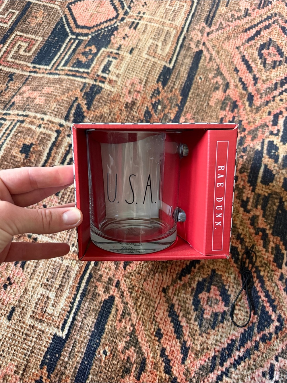 Rae Dunn Clear Glass 'U.S.A.' Mug with Red Box